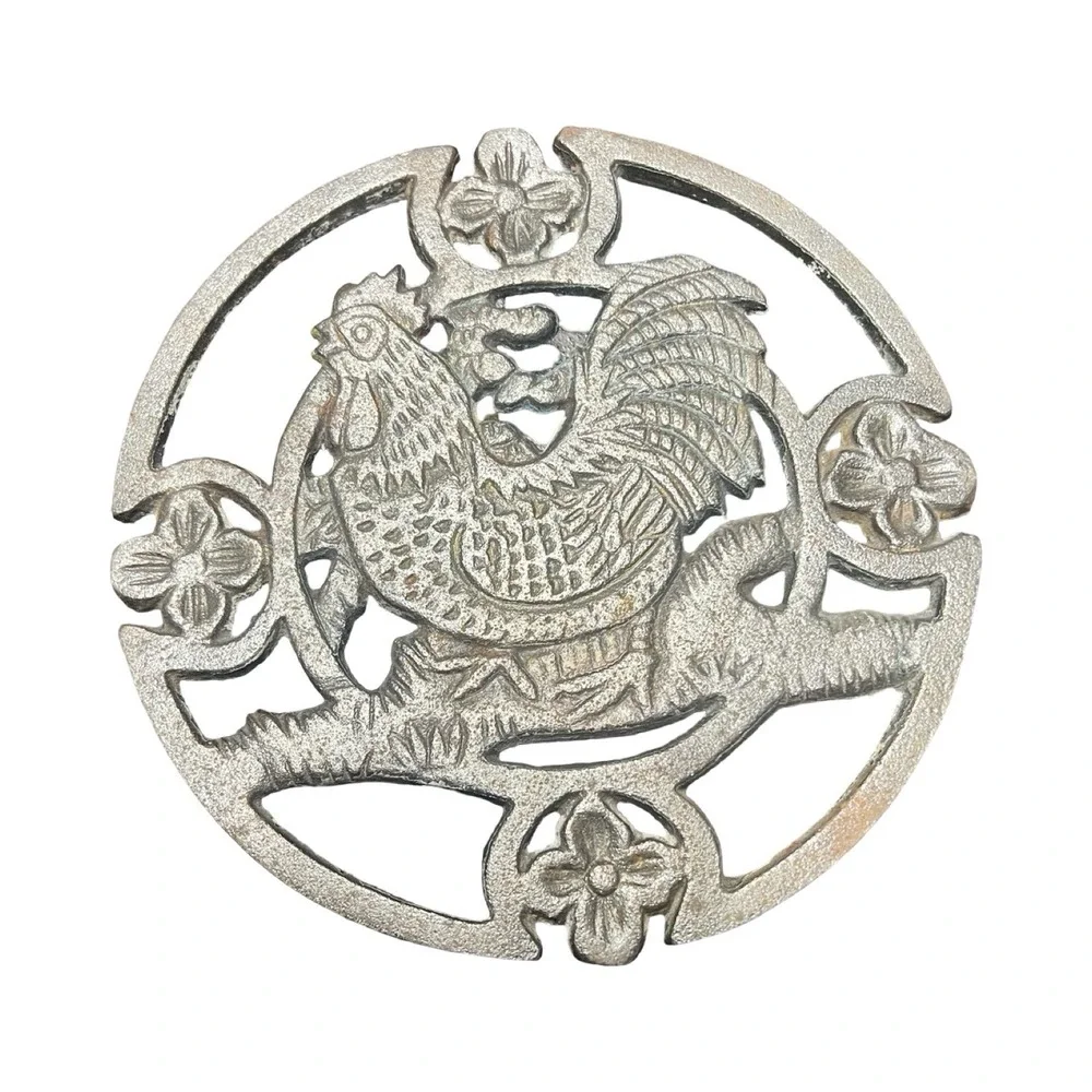 Vintage Silver Cast Iron Rooster Trivet Round‎ Floral Farmhouse Kitchen Decor